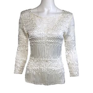 Komarov Womens Top Size L Ivory/Cream Lace Trim 3/4 Sleeve Crinkle Party Evening
